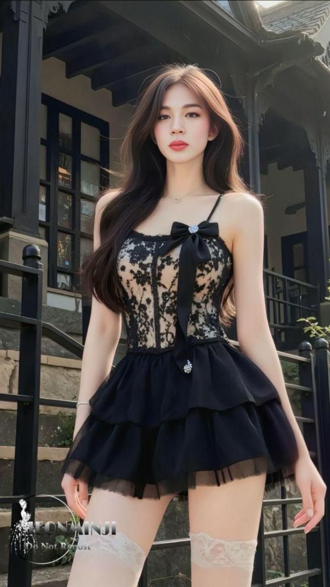 Gái: Cô Gái Trẻ Mặc Váy Đen Sáng Trong Với Ren