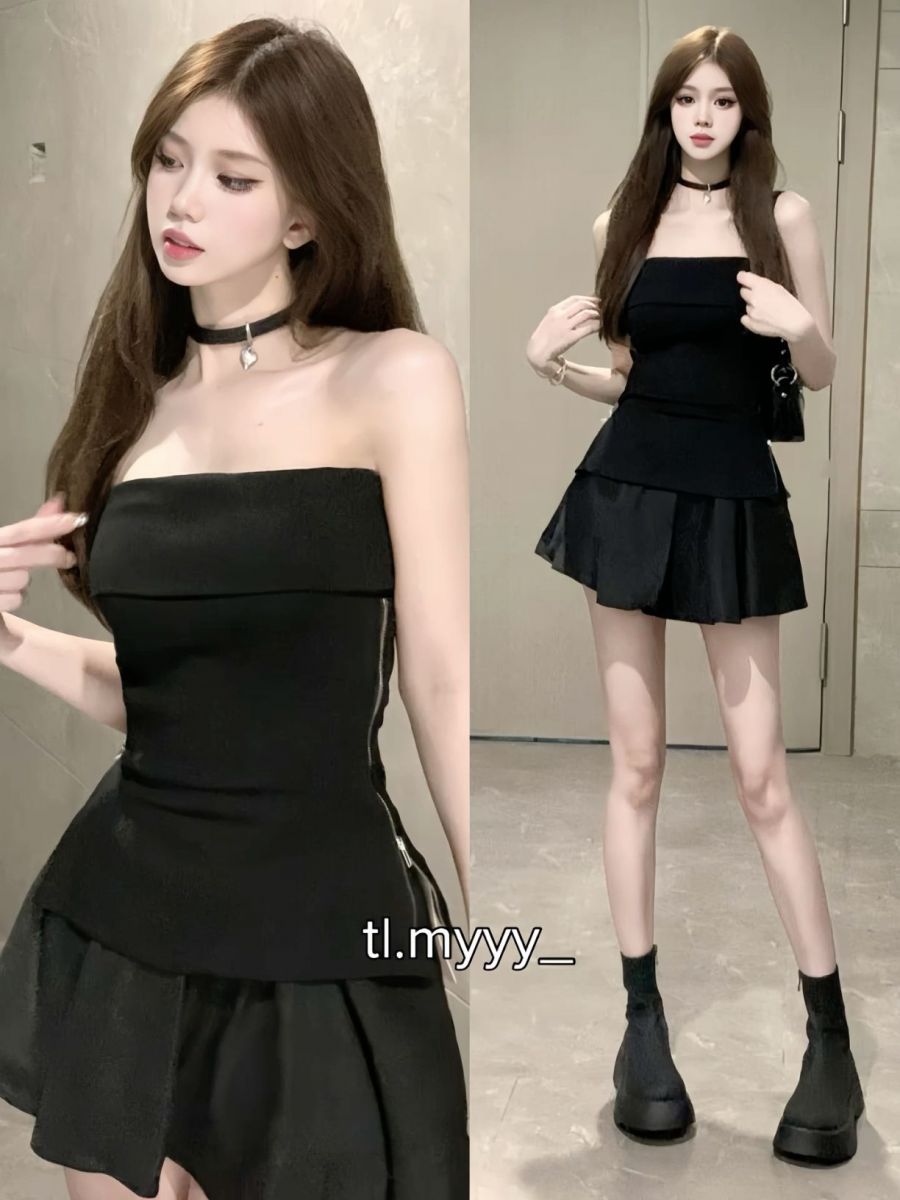 Gái Trẻ Mặc Áo Crop Top Đen Và Chân Váy Xòe Đẹp Nhất