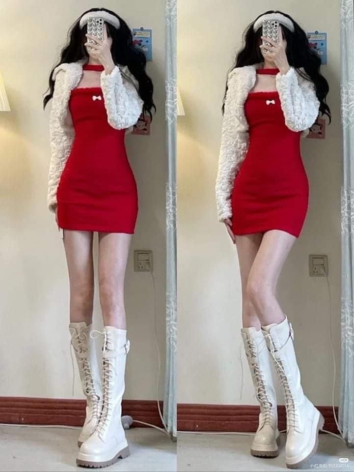 Ảnh cô gái mặc đầm đỏ ôm sát khoác áo lông trắng đi bốt trắng cao cổ