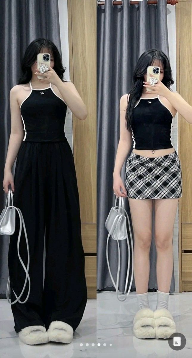 Ảnh gái trẻ mặc áo crop top màu đen và quần ống rộng
