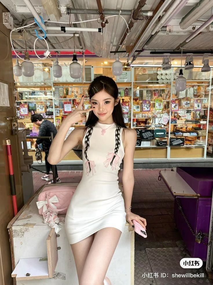 Ảnh gái trẻ mặc váy trắng ôm sát tạo dáng với ngón tay hình chữ V