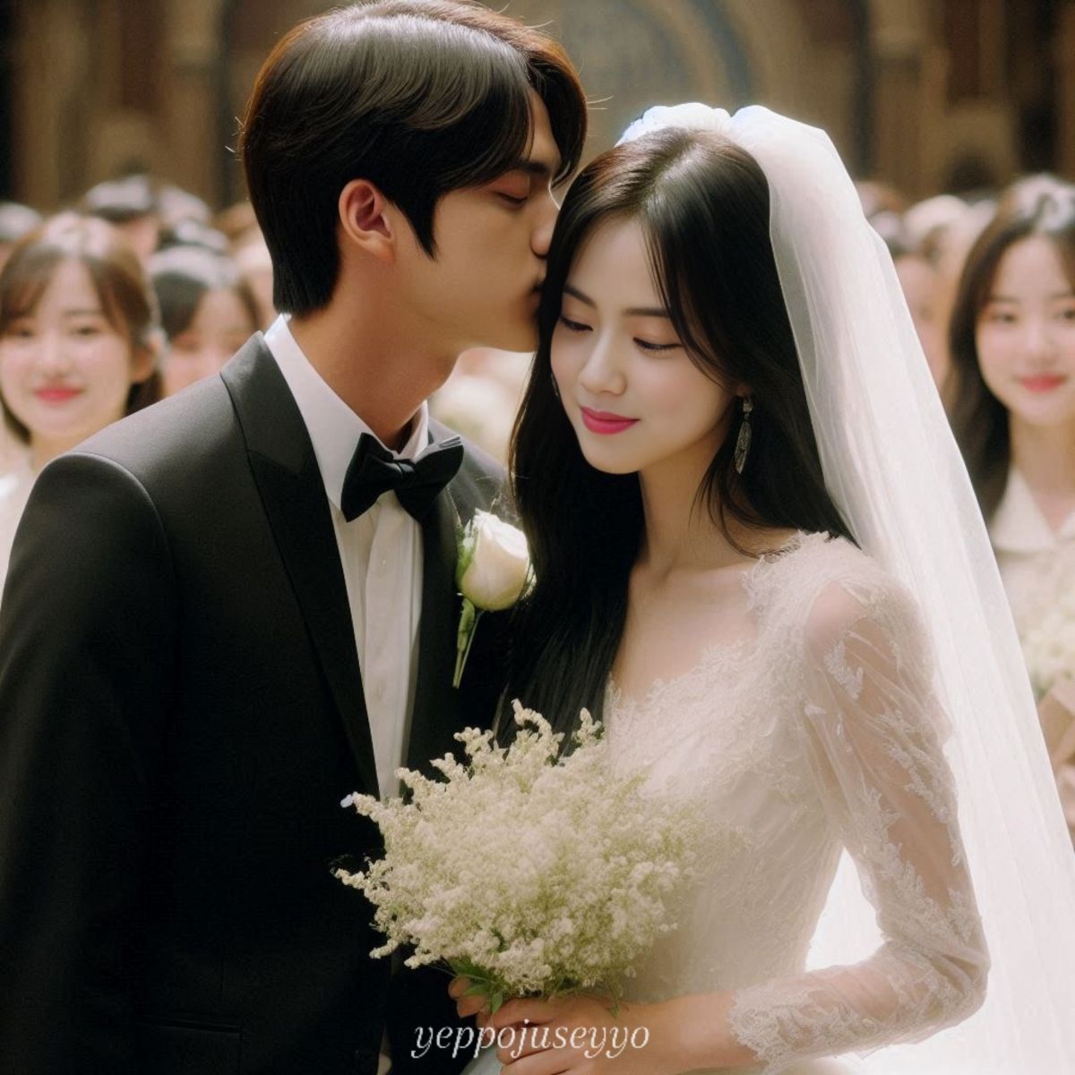 Cặp đôi nam nữ trong lễ cưới: Chàng trai tuxedo, cô gái váy trắng