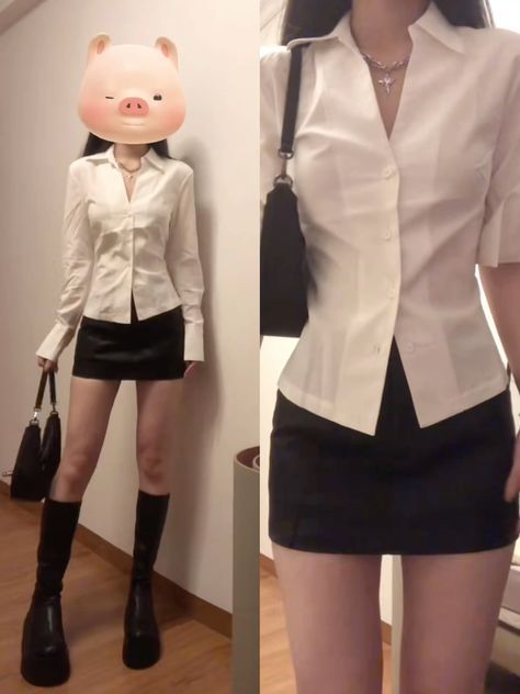 Cô gái mặc áo sơ mi trắng và chân váy ngắn đầy tự tin