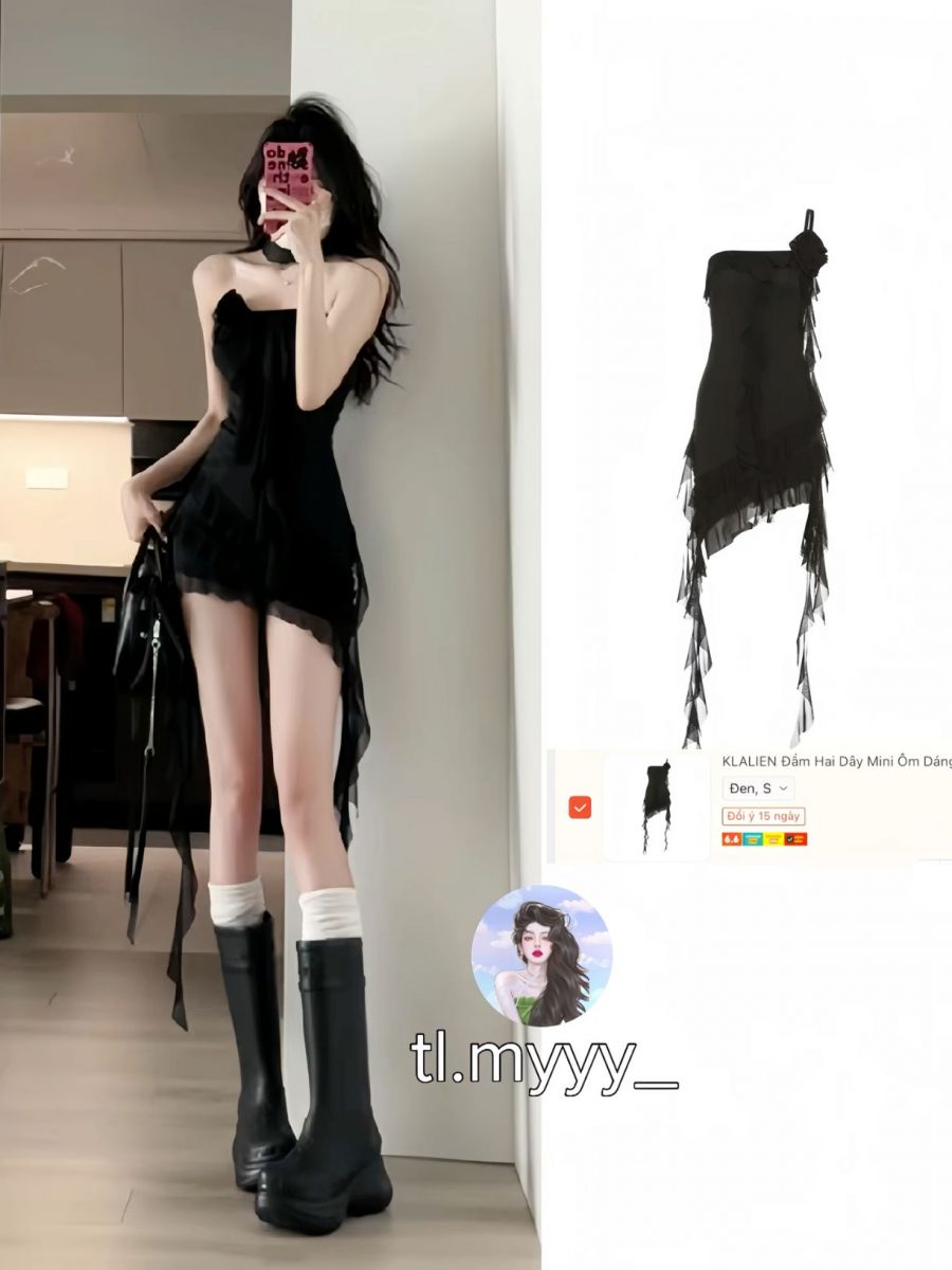 Cô gái quyến rũ trong chiếc váy đen và boot cao tại không gian hiện đại