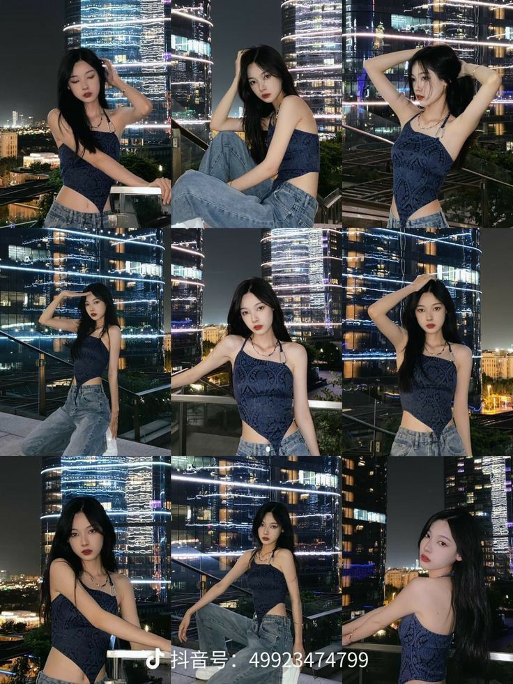 Cô gái trẻ mặc áo hai dây màu tối và quần jeans rộng