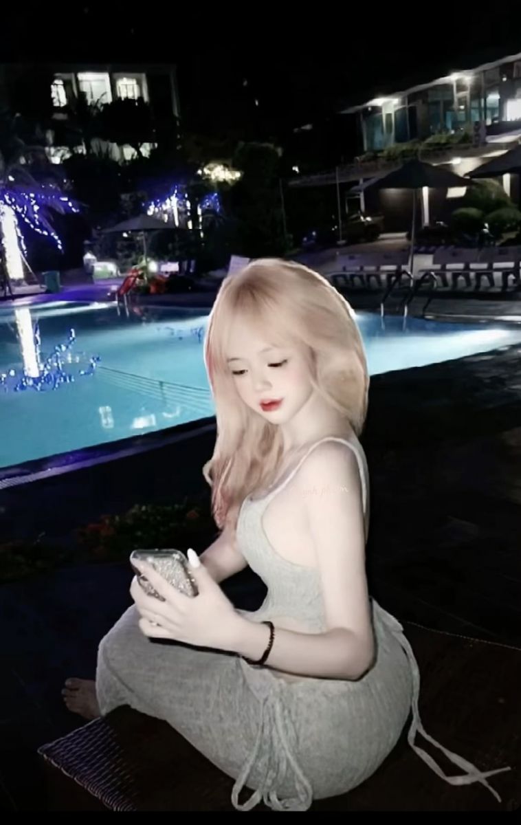 Cô gái trẻ mặc váy ôm sát màu xám bên hồ bơi
