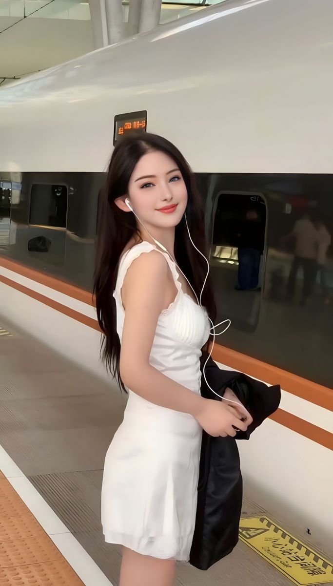 Cô gái trẻ mặc váy trắng bên tàu cao tốc