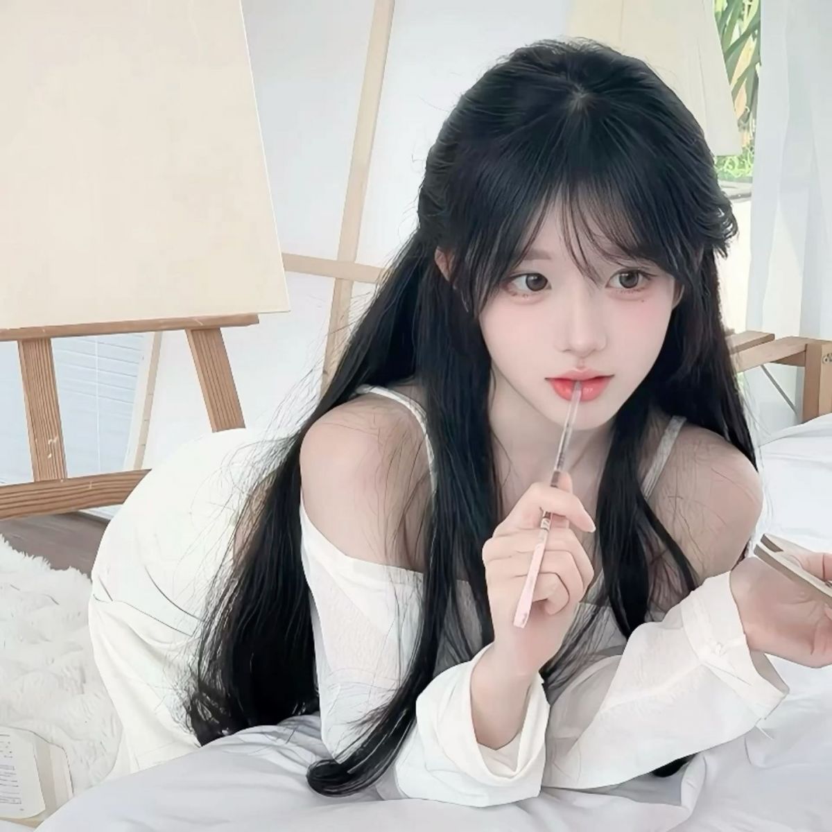 Cô gái xinh đẹp không mặc áo trong không gian sang trọng