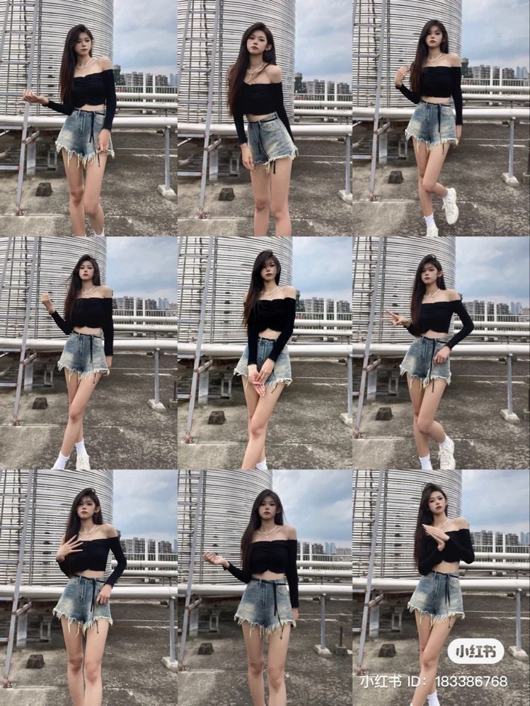 Cô gái xinh đẹp trong áo crop top và quần jeans ngắn tự tin