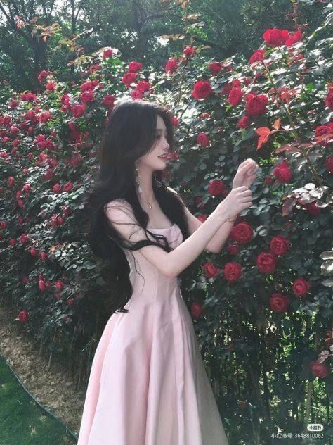 Cô gái xinh mặc áo trong suốt ngắm hoa hồng tươi đẹp