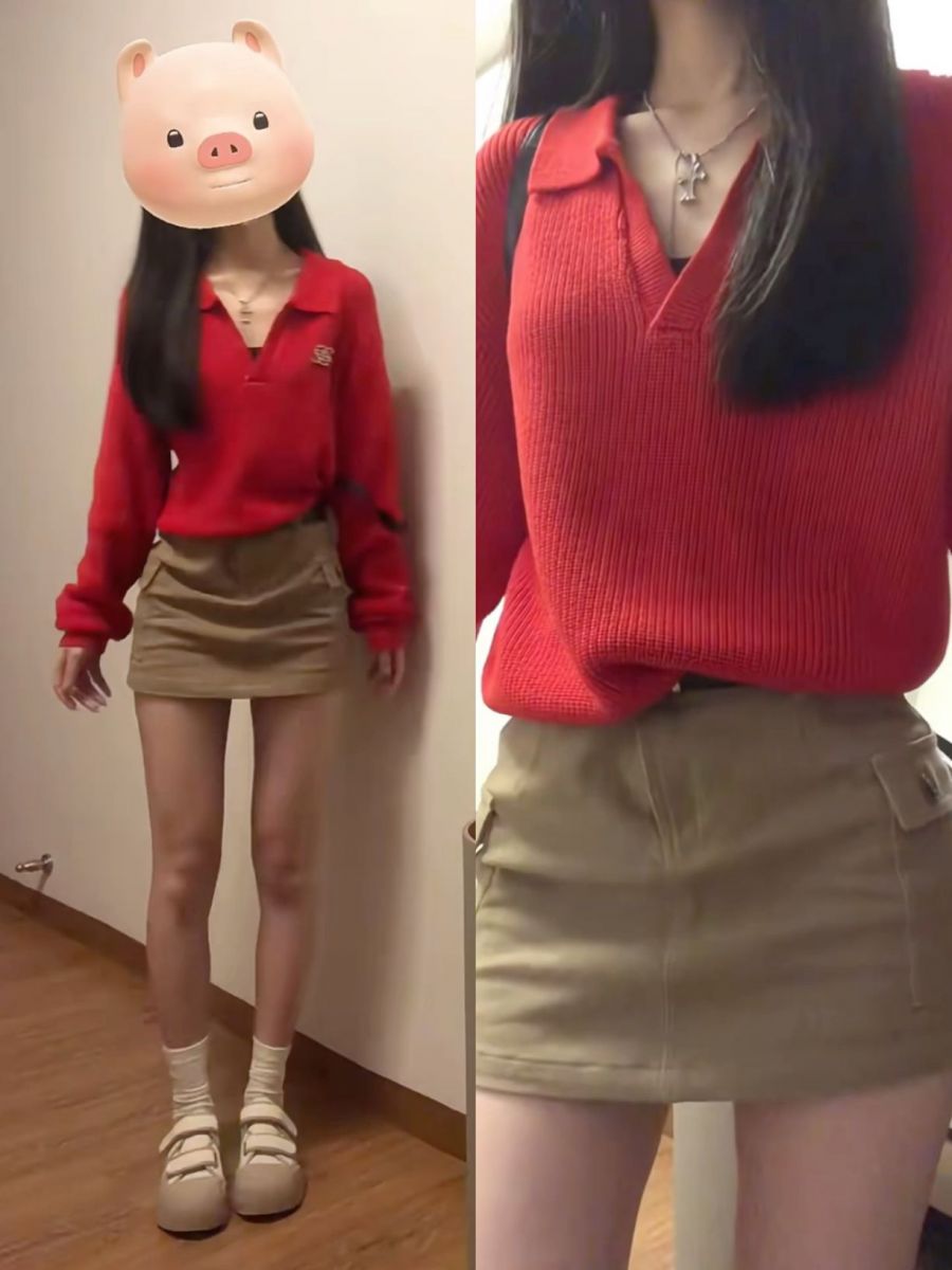 Gái xinh diện áo sweater đỏ và chân váy kaki trong không gian sang trọng