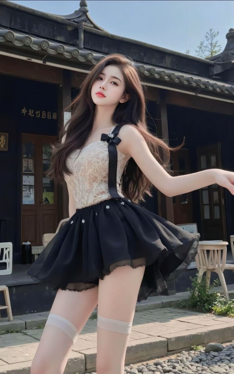 Gái xinh diện đầm ngắn màu đen và áo trắng cổ ren