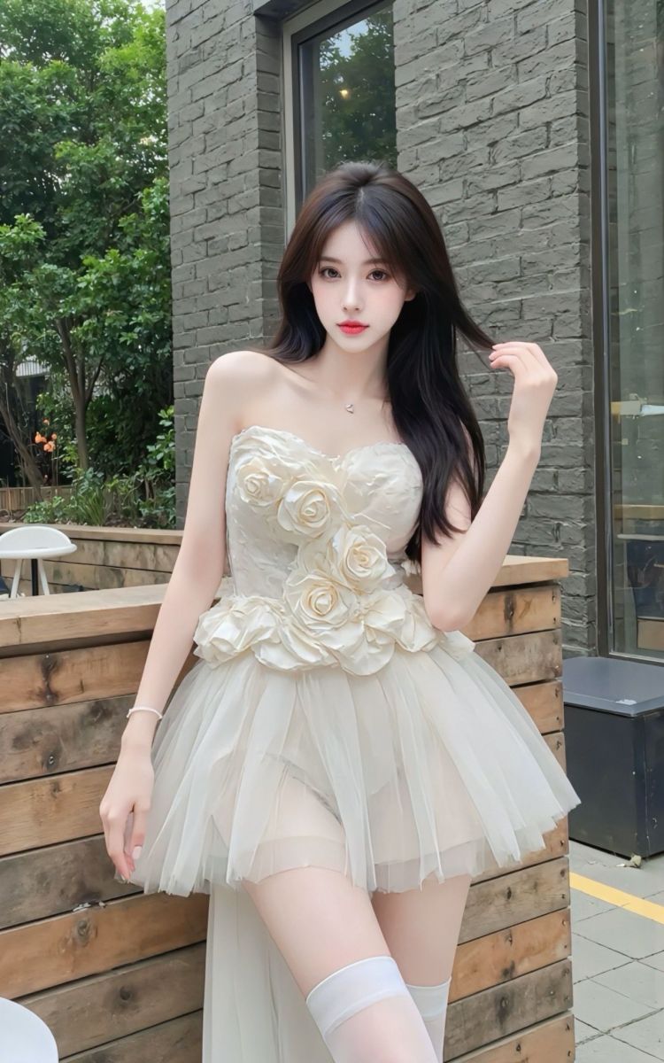 Gái xinh diện váy trắng với hoa trang trí bên tường gạch