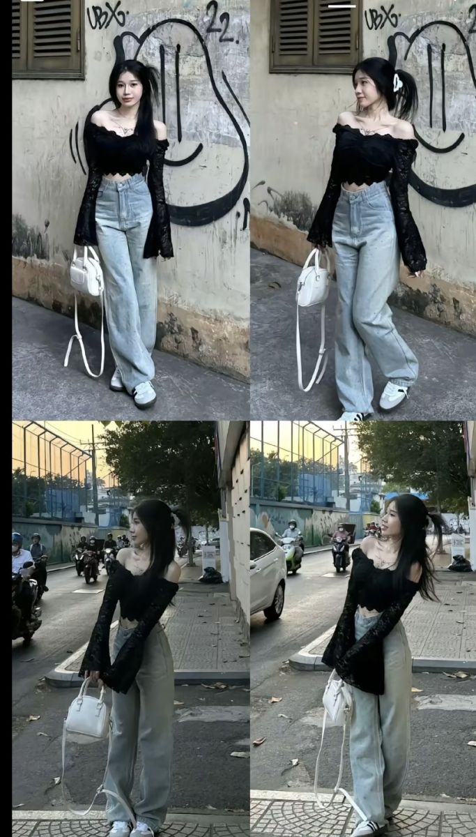 Gái xinh mặc áo croptop đen tay bồng và quần jeans xanh