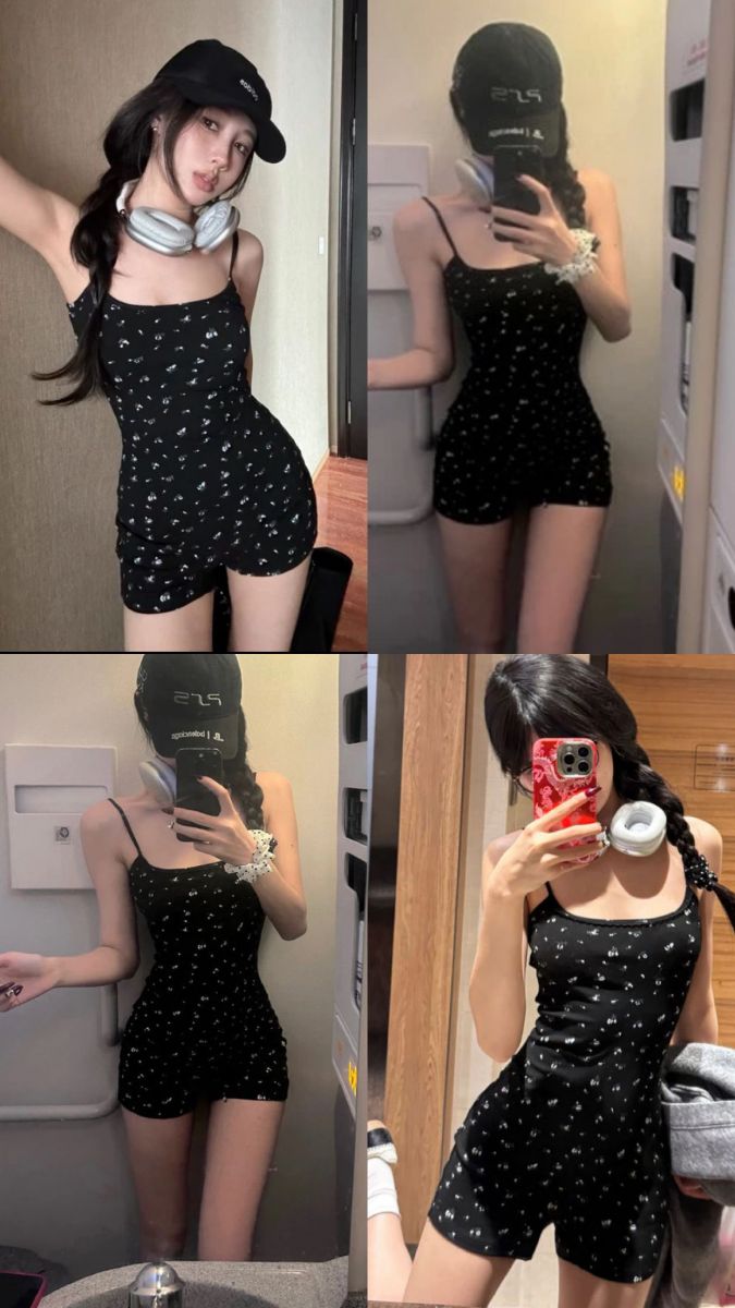 Gái xinh mặc đầm ôm màu đen họa tiết nhỏ chụp selfie trong phòng tắm