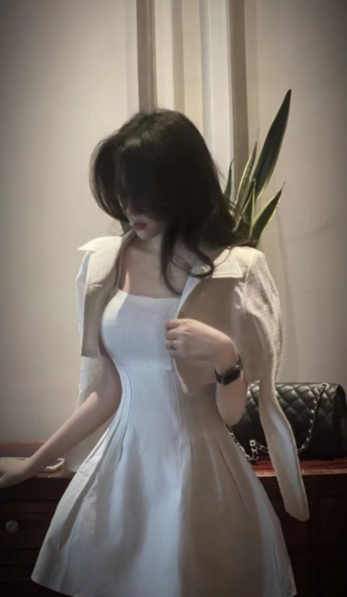 Gái xinh mặc váy trắng dịu dàng bên bàn gỗ sang trọng