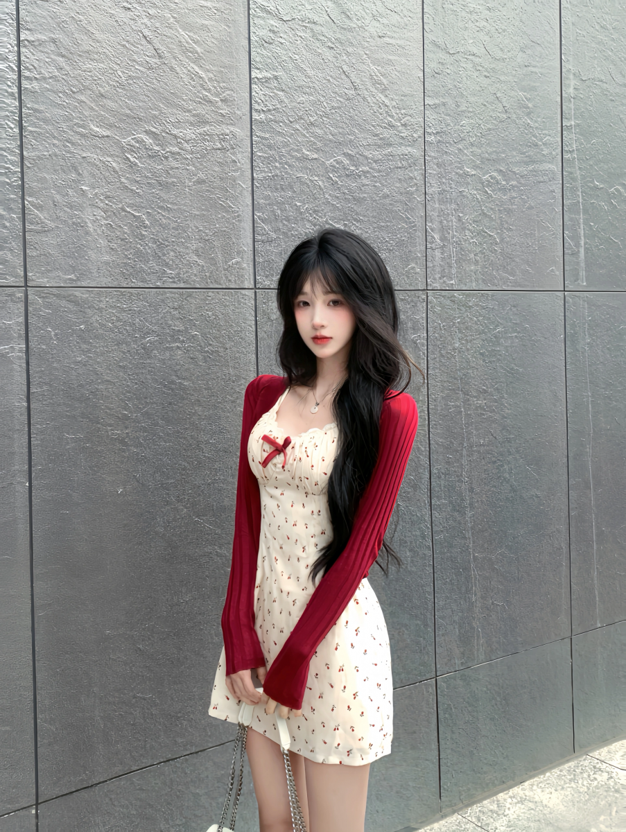 Gái xinh mặc váy trắng họa tiết nhỏ và cardigan đỏ bên tường xám