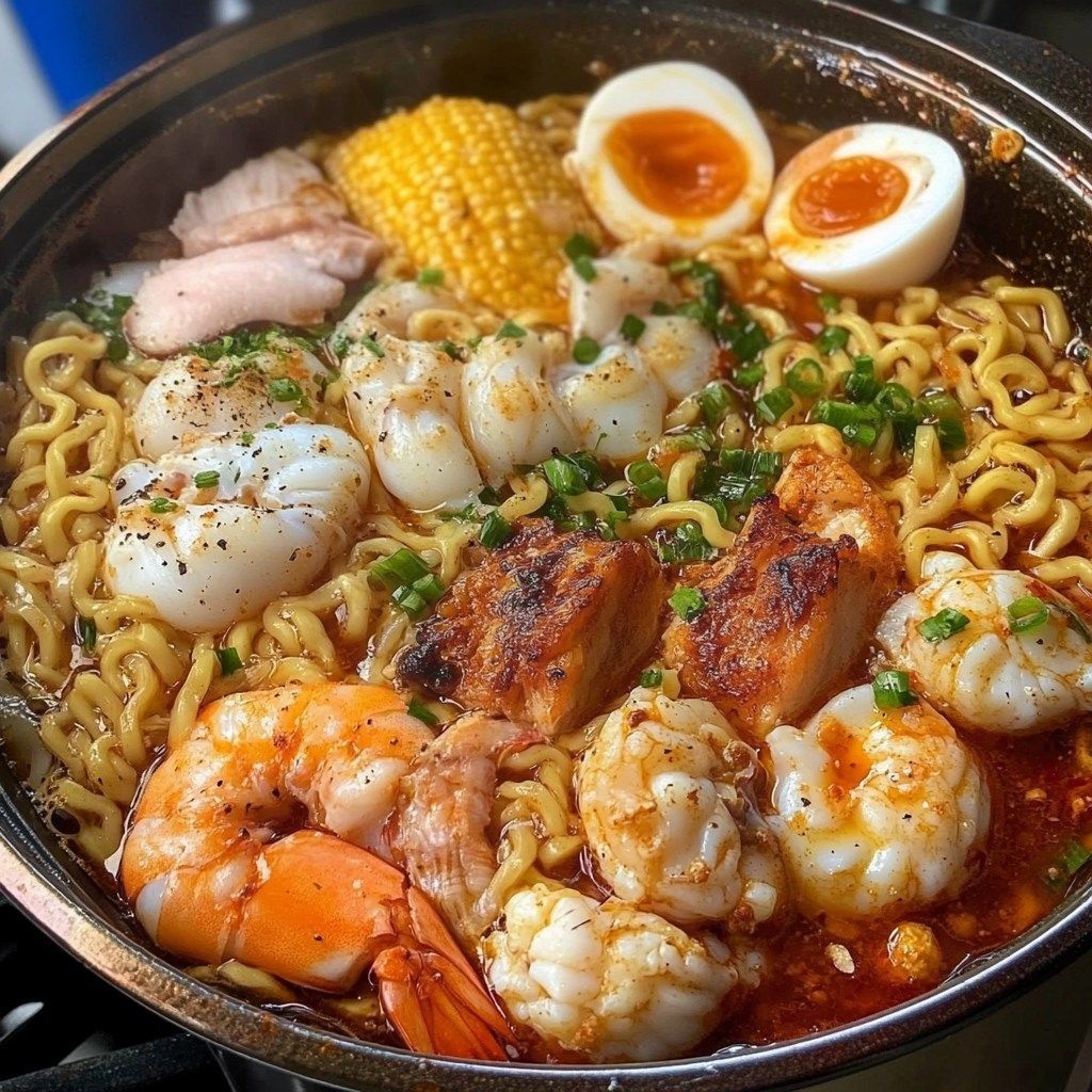 Món mì hải sản nóng hổi với tôm thịt và trứng chần ngò hành hấp dẫn