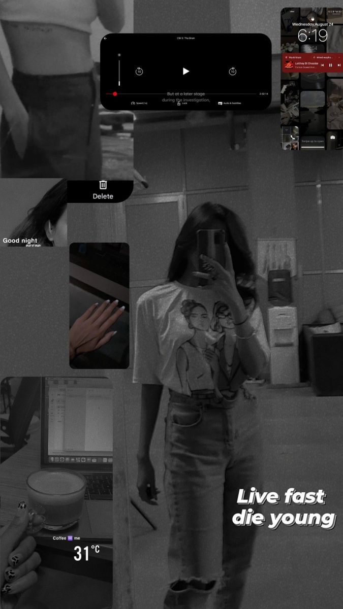 Nữ mặc áo phông hoạ tiết và quần jeans chụp ảnh selfie