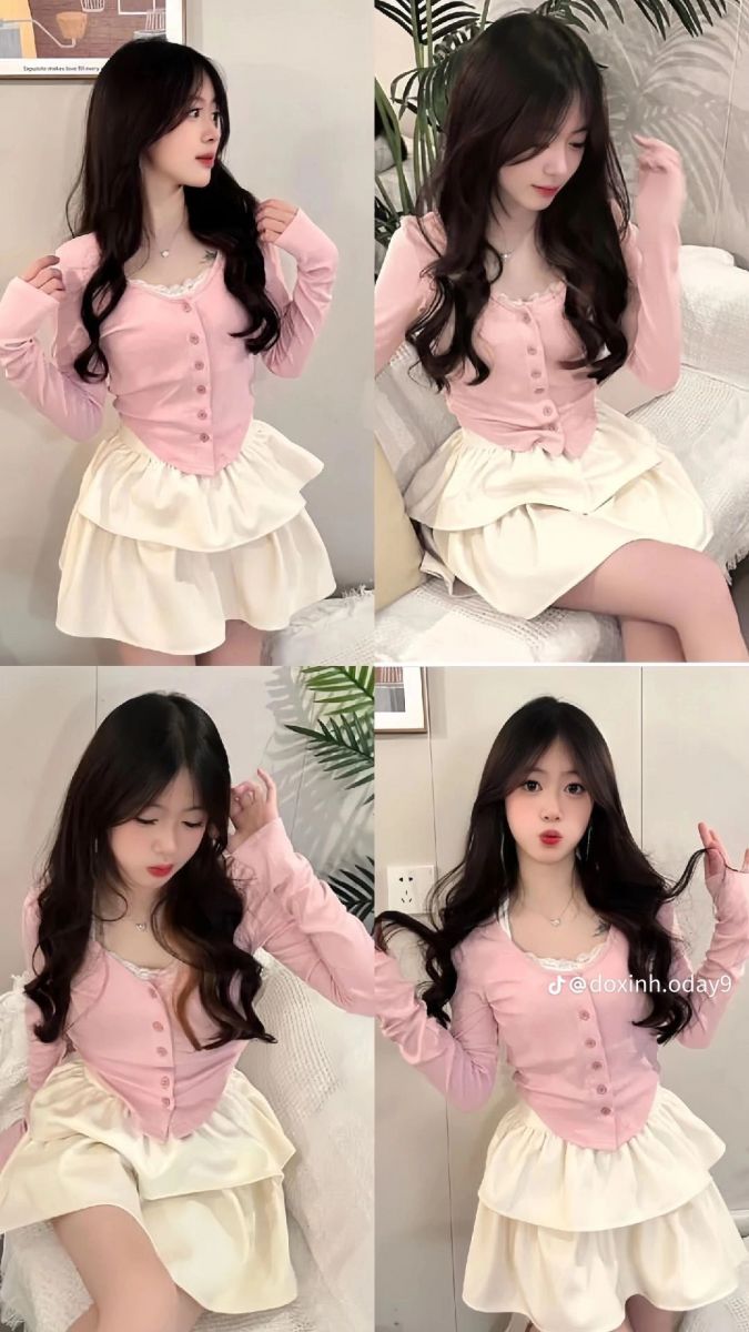 Ảnh gái xinh mặc áo cardigan hồng và chân váy trắng