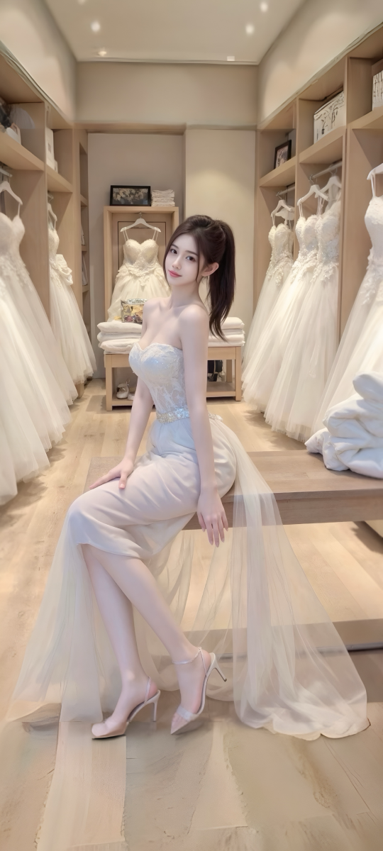 Cô gái đẹp mặc váy cưới trắng ngồi trên ghế gỗ