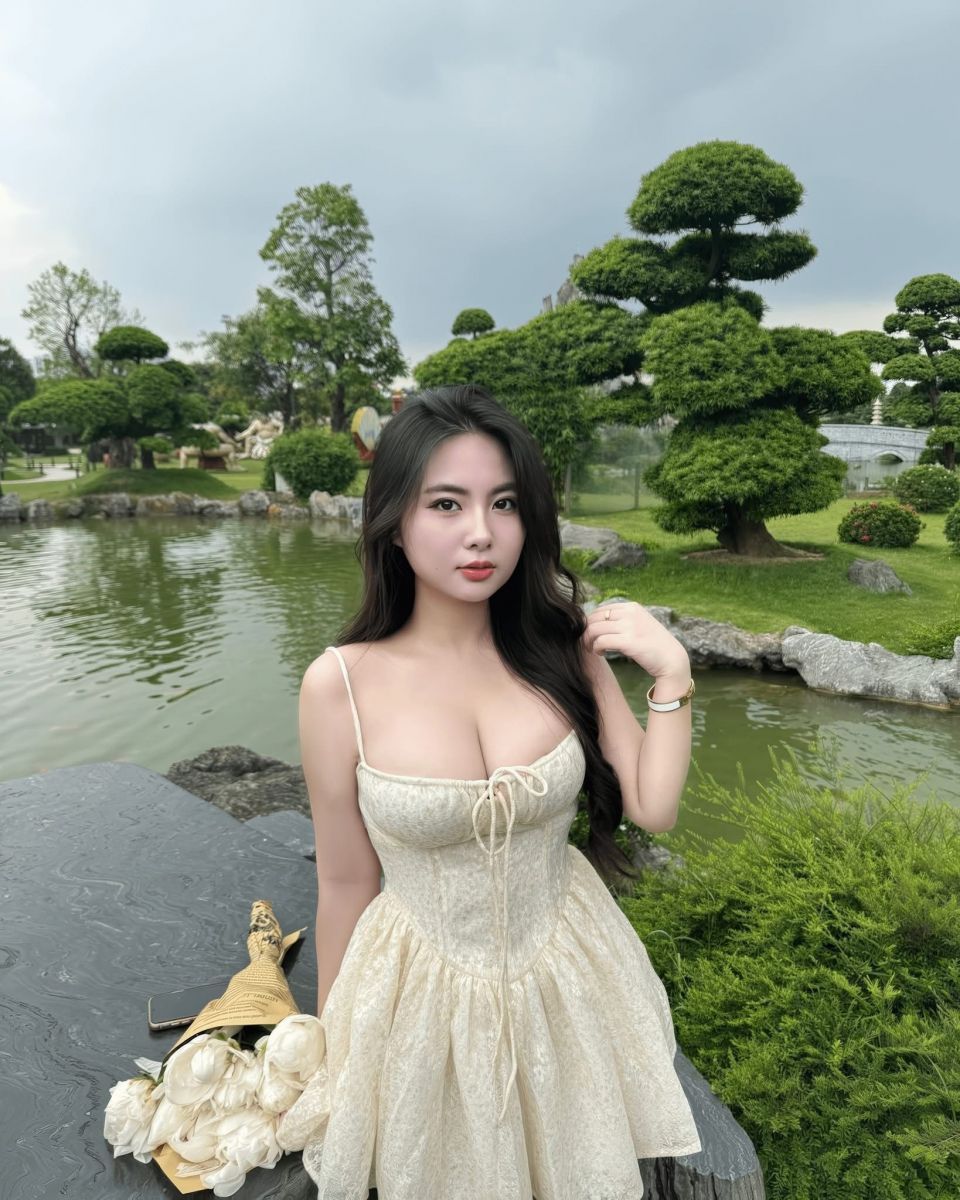 Cô gái xinh đẹp mặc váy trắng nhẹ nhàng bên bờ hồ