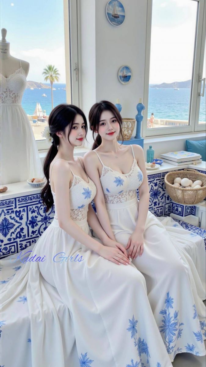 Gái đẹp trong chiếc đầm trắng họa tiết xanh bên cửa sổ