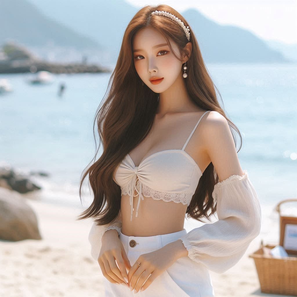 Gái xinh mặc áo croptop trắng và quần shorts tại bãi biển