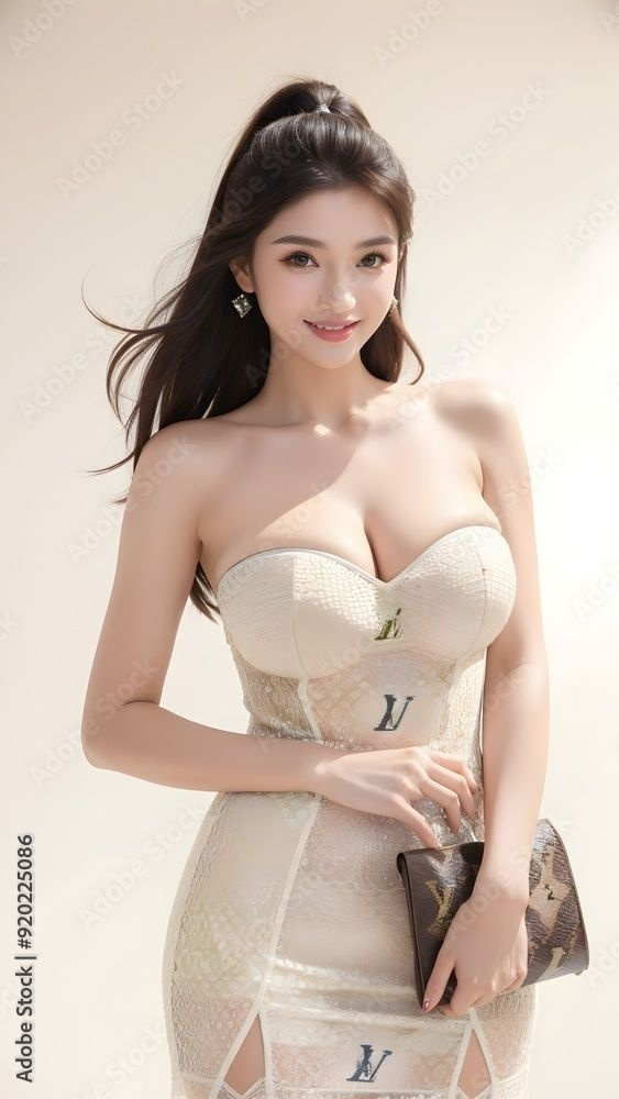Gái đẹp tóc dài trong bộ đồ lót và váy không dây